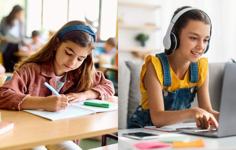 2 young students one in a traditional classroom setting and the other in an at home online learning setting.